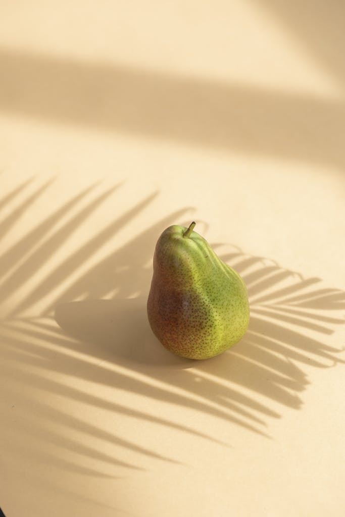 Ripe green and red fruit pear on white surface under palm branch